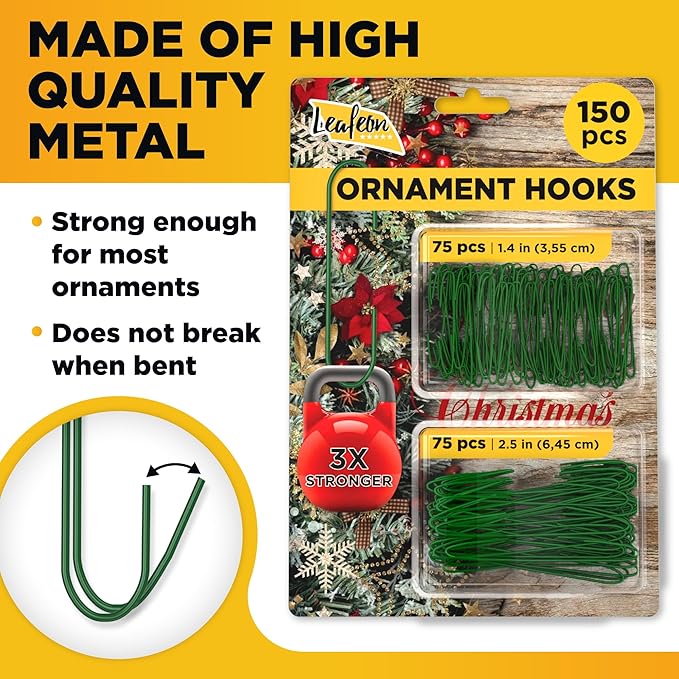 Leafeon 150 Pack Ornament Hooks for Christmas - Essential Christmas Ornament Hangers - Perfect Xmas Ornament Hangers for Tree Decoration (Green)