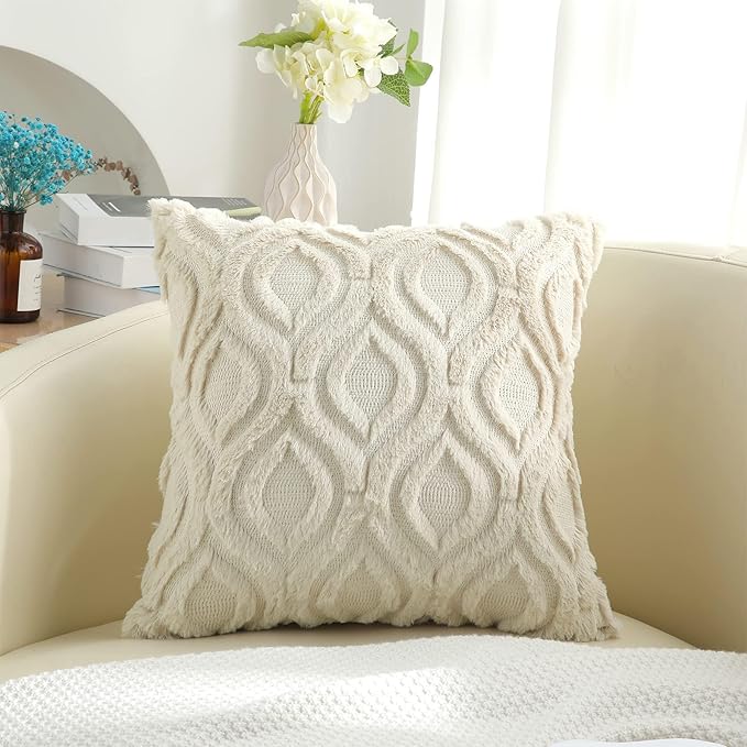 decorUhome Throw Pillow Covers 20x20 Inch Set of 2, Soft Plush Faux Wool Beige Solid Couch Pillow Covers, Accent Farmhouse Neutral Square Pillow Cases for Sofa Bed Living Room
