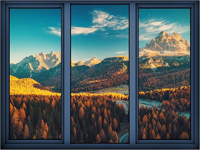 SIGNWIN Removable Wall Sticker/Wall Mural Window View Autumn Pine Tree Forest Mountain Nature Wilderness Realism Decorative Landscape Digital Art for Living Room, Bedroom, Office - 24"x32"