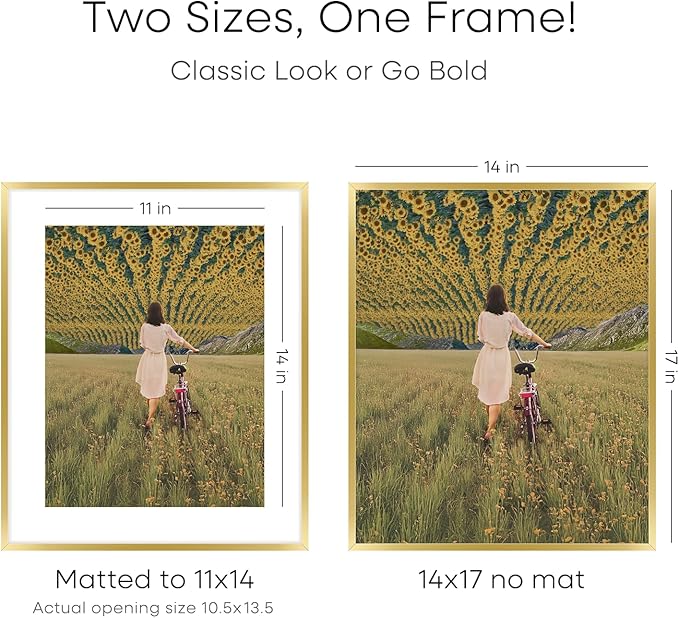 Homeforia 14x17 Picture Frame Gold, High End Metal 14x17 Poster Frames with Mat 11x14 Photo, 14 x 17 Gold Frames Matted to 11 by 14 Print, 17x14 Thin Hanging Frames, Tempered Glass, Wall Kit, Set of 4