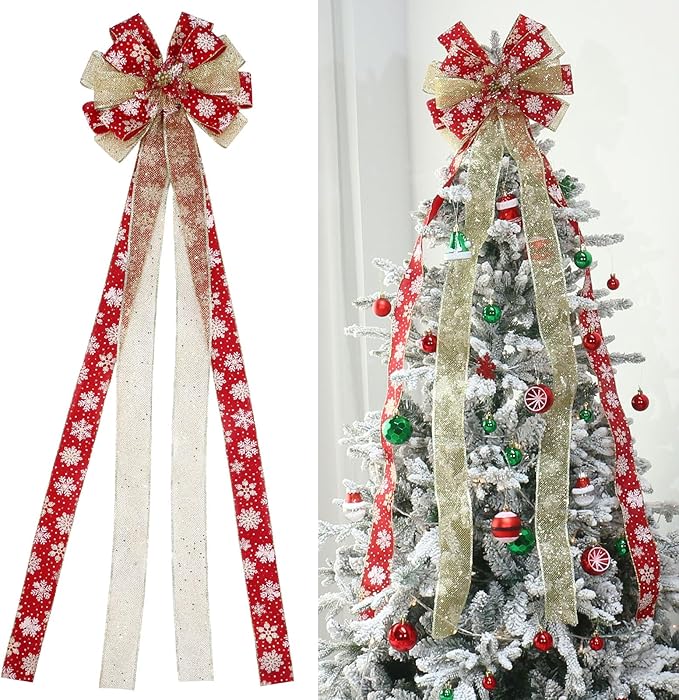 Christmas Tree Topper, Bow Large Christmas Bow Tree Topper, for Xmas Ornament Holiday Home Wedding Thanksgiving Indoor/Outdoor Decoration (Red Gold)