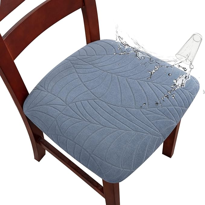 Genina Waterproof Seat Covers for Dining Room Chairs, Stretch Chair Covers Removable Washable Dinning Room Kitchen Chair Seat Cushion Slipcovers (Leaves-Light Blue, 4 PCS)