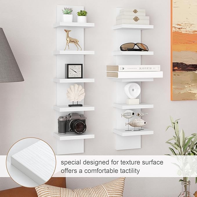 5 Tier Wall Shelf Unit, Decorative Wall Mount Vertical Shelving, Floating Storage Home Decor Organizer Tall Tower Design Utility Shelving Bedroom Living Room, Modern White 2Pack