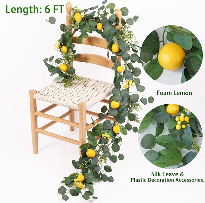 Mizii Artificial Lemon Garland 6FT Fake Fruit Lemons Garland with Berries Green Leaves Hanging Vines Greenery Decorations for Kitchen Table Centerpieces Room Party Birthday Decor (Lemon with Berries)
