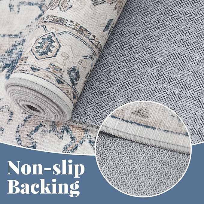 jinchan Lima Machine Washable Area Rugs 4x6 - Vintage Floral Stain Resistant Low Pile Ultra-Thin Non Slip Accent Rug for Bedroom Living Room Kitchen Dining Room Entryway (4x6ft, Blue)