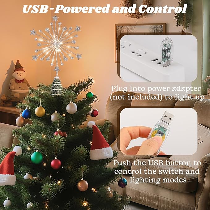Lewondr Christmas Tree Topper, 13'' Metal Twinkly Xmas Starburst Tree Topper with 20 LED Bulbs, USB Powered Lighted Star Treetop for Christmas Ornament, Remote Control, 6H Timer, 8 Light Modes, Silver
