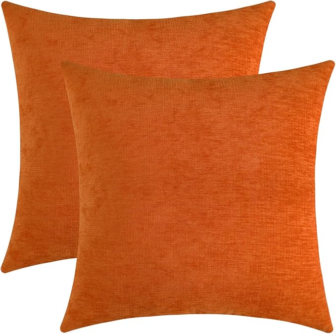 Bright Orange Chenille Decorative Couch Throw Pillow Covers, Soft Cushion Cases for Home Livingroom Sofa Décor, Pack of 2, 18 x 18 Inches