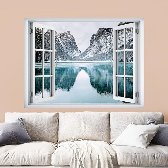 wall26 Removable Wall Sticker/Wall Mural Window View Winter Snowy Mountain Lake Forest Wilderness Nature Photography Realism Rustic Landscape Colorful for Living Room, Bedroom, Office - 36"x48"