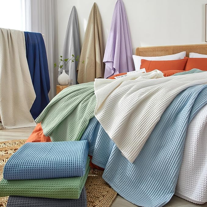 PHF 100% Cotton Waffle Weave Throw Blanket，Pre-Washed Snag Proof Lightweight Breathable Moisture-Wicking for Layering in Cold Weather for Couch Bed,Machine Washable,Home Decor Gift-Linen/Stone