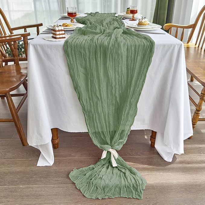 IVAPUPU 6 Pcs Cheesecloth Table Runner - 10ft Sage Green Boho Gauze Cheese Cloth Table Runners for Baby Shower Decoration Wedding Party Summer Garden Farmhouse