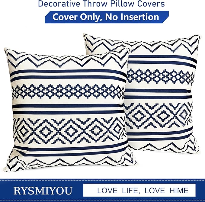 Decorative Throw Pillow Covers Set of 2 Blue Boho Pillow Covers 16x16 Inch Throw Pillow Cover Linen Pillowcase Modern Farmhouse Outdoor Pillow Covers for Couch Sofa Bed Living Room