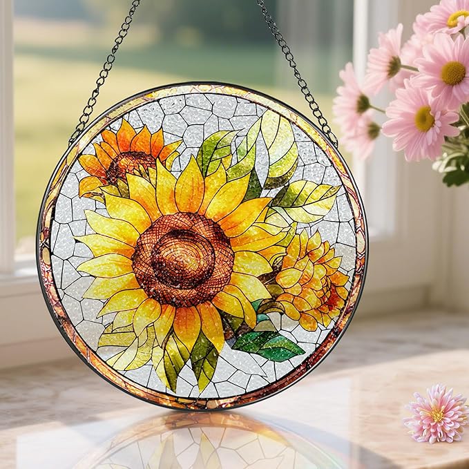 8-Inch Stained Glass Ornament, Stained Glass Window Hanging, Suncatcher Window Hanging, Home Decor, Sunflower Ornament | Mother's Day, Christmas, Birthday | Gifts for Flower Lovers, Mom & Friend