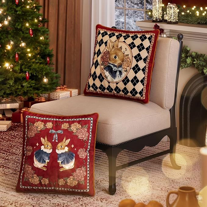 Grandmillennial Bunny Floral Pillow Cover, Velvet Euro Sham Covers Decorative Throw Pillow Covers 18x18 for Couch Sofa Bed Living Room, Christmas & Holiday, Red