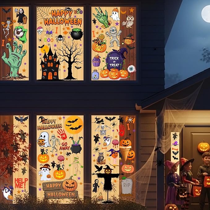 Halloween Window Cling Stickers | Halloween Decorations Party Decorations Indoor Outdoor Décor Accessories Party Favors Supplies Craft Gift Idea For Kids Adult Pumpkin Skull Skeleton Spider - 8 Sheets