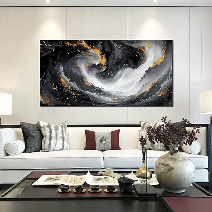 SIXTTART Large Abstract Canvas Wall Art for Living Room - Modern Pictures Wall Art for Office - Black White and Gold Wall Art for Bedroom Size 29" x 59"