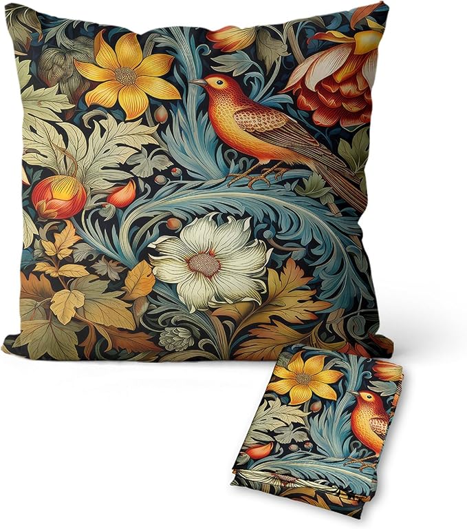 William Morris Pillow Covers 18x18 Inch Vintage Bird Floral Pillow Protectors with Zipper Standard Size Moody Botanical Dark Academia Pillowcases Midcentury Modern Bed Pillow Covers Set of 2
