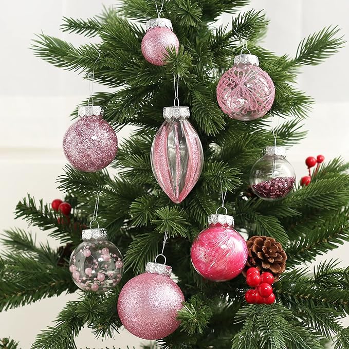 Christmas Ornaments Set, 32Pcs Clear Plastic Shatterproof Christmas Ball Hanging Ornaments for Xmas Tree Decorations, for Indoor Home Thanksgiving Party Holiday Decor - Pink.