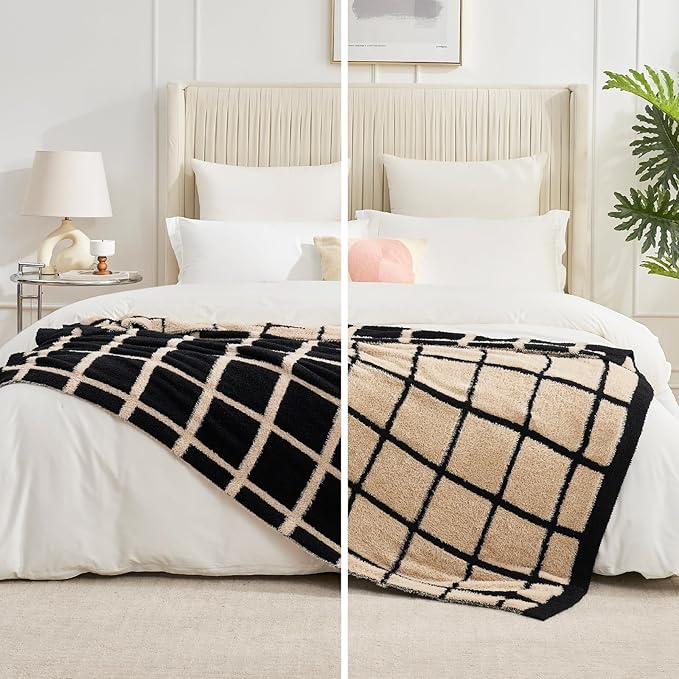 Amélie Home Cable Knit Throw Blanket for Couch, Bicolour Super Soft Fuzzy Blanket for Sofa, Luxury Cozy Fluffy Throw for Room Decor, 50" x 60", Plaid Black