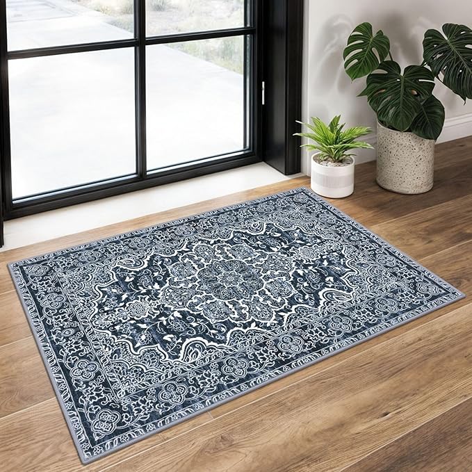 KUTA Vintage Small Area Rug 2x3 Non-Slip Washable Entryway Rugs Navy Blue Ultra Soft Modern Floral Doormat Printed Retro Distressed Carpet Accent Farmhouse Kitchen Throw