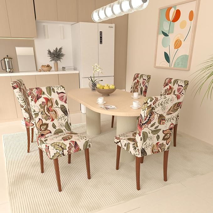 Stretch Dining Chair Covers Set of 6,Floral Print Chair Covers,Soft Removable Washable,Pet Friendly Furniture Protector,Universal Chair Slipcovers for Home, Kitchen,Ceremony Dining Room Seat