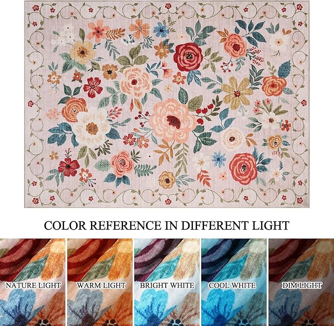 DUKINO 3x4 Area Rug, Lightweight Non Slip Washable Floral Rug, Indoor Low Pile & Non-Shedding Boho Design Carpets for Bedroom, Kitchen, Dining Room, Beige