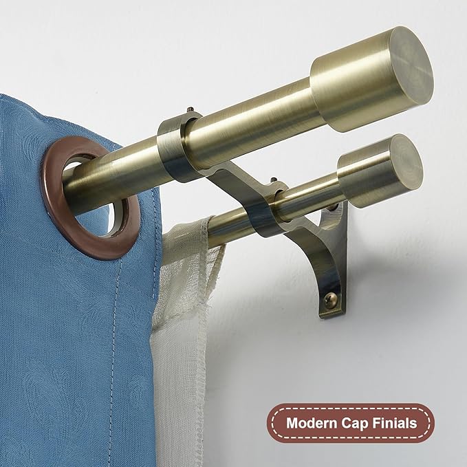 Double Curtain Rods 48-84", Decorative Double Drapery Rods with Cap Finials, Heavy Duty 1 Inch Front and 5/8 Inch Back Telescoping Dual Curtain Rod, Antique Bronze