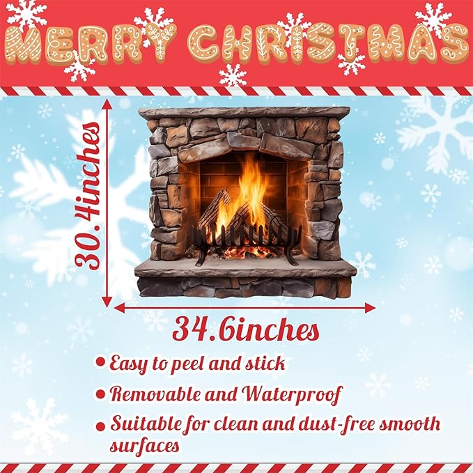 Large Christmas Wall Decals Christmas Wall Decoration Vinyl Sticker Peel and Stick Indoor Xmas Fireplace Decal for Walls Removable Peppermints Xmas Art Murals for Living Room Holiday Xmas Party Supply