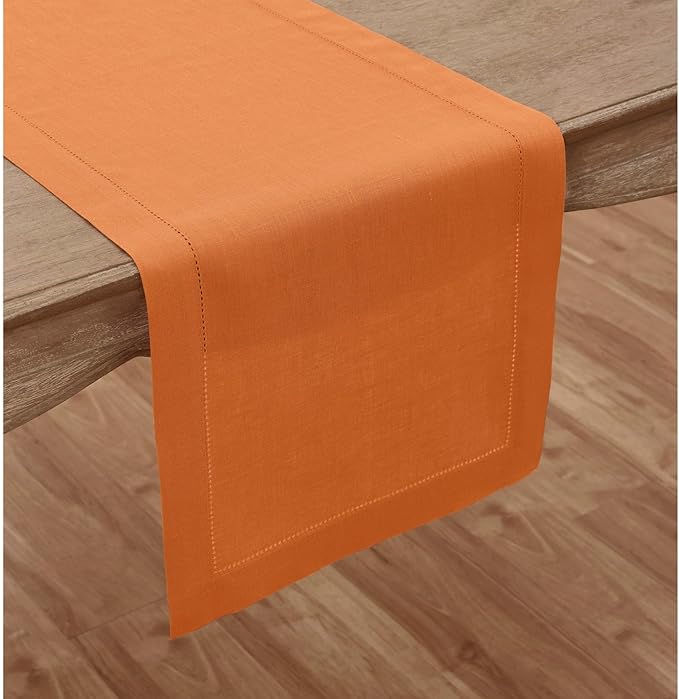 Solino Home Linen Pumpkin Hemstitch Table Runner 48 Inches - 100% Pure Linen Small Table Runner 14 x 48 Inch Ideal for Dresser and Coffee Tables - Classic Hemstitch