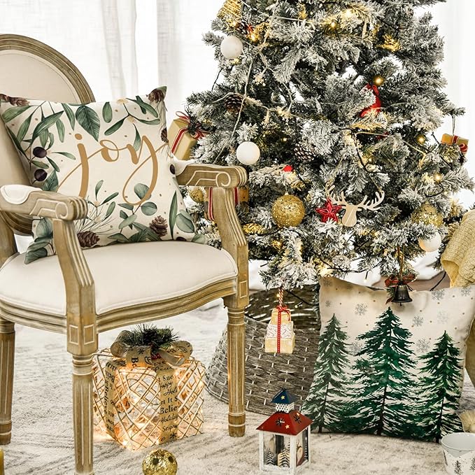 AVOIN colorlife Merry Christmas Trees Snowflake Throw Pillow Covers, 20 x 20 Inch Joy Xmas Balls Winter Holiday Cushion Case Decoration for Sofa Couch Set of 4