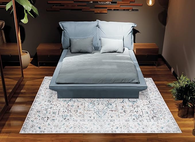 Bloom Rugs Washable Non-Slip 2x3 Rug - Seashell/Teal Blue Traditional Oriental Area Rug for Living Room, Bedroom, Dining Room, and Kitchen - Exact Size: 2' x 3'