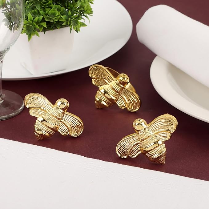 ALPHA Living HOME Bee Napkin Ring Serviette Rings Set of 12 Metal Napkin Ring Dinner Napkin Holders for Cloth Napkins Thanksgiving Wedding Christmas Party Kitchen Table Decoration (Gold)