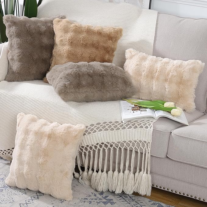 MADIZZ Pack of 2 Thick Plush Wool Throw Pillow Covers 12x20 Inch Taupe Soft Neutral Decorative Throw Pillows Accent Boho Cushion Covers for Couch Sofa Bedroom Pillow Shell