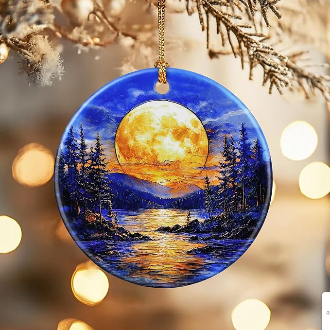 Christmas Ornaments, Dodosky 2.8in Ceramic Ornament, Xmas Decor, Christmas Tree Ornaments, Xmas Decorations for Tree, Holiday Ornament, Gift Ideas, Gifts for Women Men - Full Moon Over Forest Lake