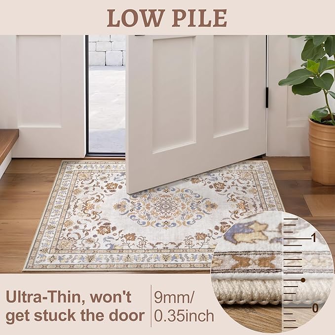 Tangsoo 5x7 Washable Area Rug, Non Slip Boho Neutral Persian Rug for Bedroom Living Room, Vintage Beige Tan Soft Low Pile Floor Indoor Carpet for Bathroom Office Kid & Pets Friendly Home Decor