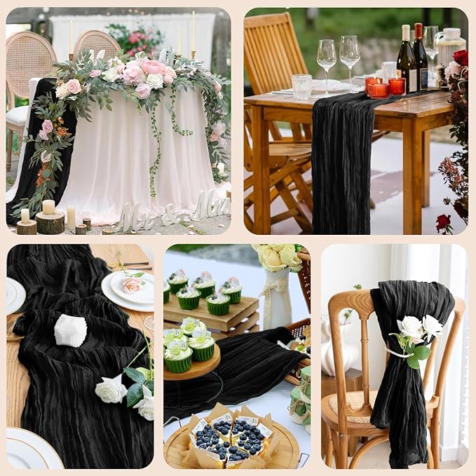 2PCS Table Runner Cheesecloth 10FT Black Boho Gauze Cheese Cloth Rustic Sheer Table Runners for Wedding Birthday Bridal Baby Shower Party Decoration