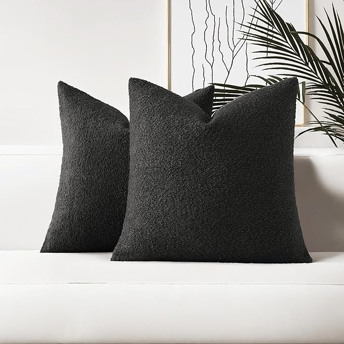 HAUSSY Set of 2 16x16 Decorative Throw Pillow Covers, Soft Cozy Textured Boucle Couch Cases, Home Decor for Couch Bed Living Room, Black