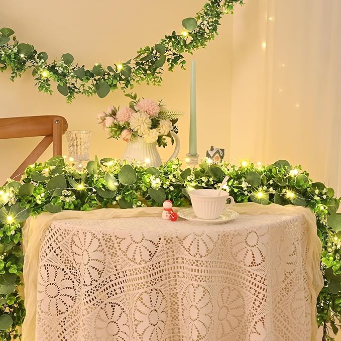 2Pcs Eucalyptus Garland with Lights, Greenery Garland, Green Garland with Flowers, 5.9FT Artificial Faux Eucalyptus Leaves Vines for Table Mantle Home Wedding Party Indoor Outdoor Decor