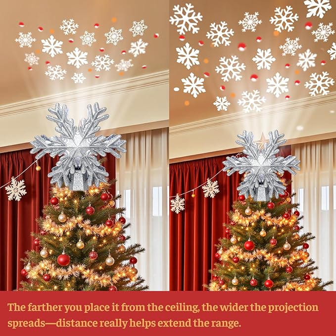 Christmas Tree Topper Lighted - Glitter Christmas Snowflake Tree Topper with Built-in LED Rotating Projector - Dynamic Snowflake Projection for Christmas Decorations（Sliver）
