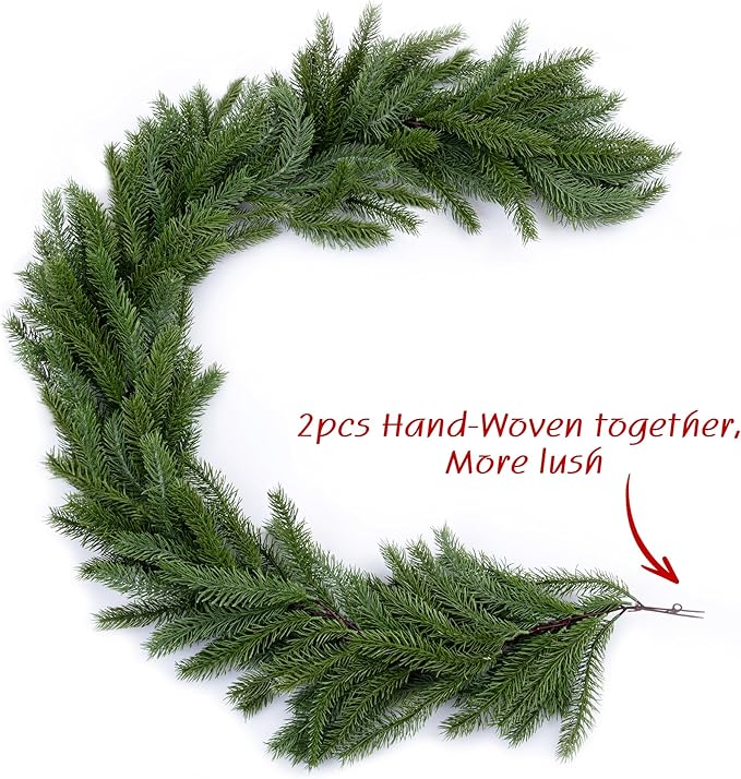 2Pcs 6Ft Norfolk Pine Garlands Realistic,Real Touch Winter Xmas Garland with 144Tips,Christmas Decorations Indoor Outdoor,Artificial Holiday Decor Faux Greenery for Mantle,Fireplace, Table