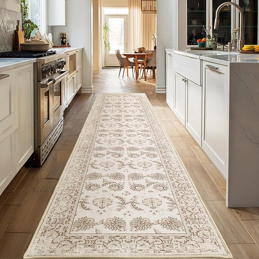 XWZO Runner Rug 2x10ft for Long Hallways, Washable Non-Slip Low Pile Area Rug with Rubber Backing, Spill Resistant Soft Vintage Floor Carpet for Kitchen Entryway Stair Landing Living Room, Beige