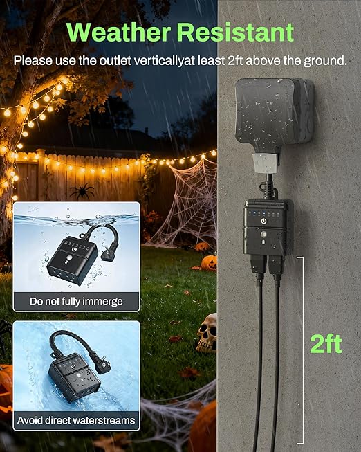 BN-LINK Outdoor Light Timer, Waterproof Plug-in Dusk-to-Dawn Controller with 2 Grounded Outlets for Christmas & Halloween String Lights, 15A 1/2HP, ETL Listed, 100 ft RF Range, Remote Included