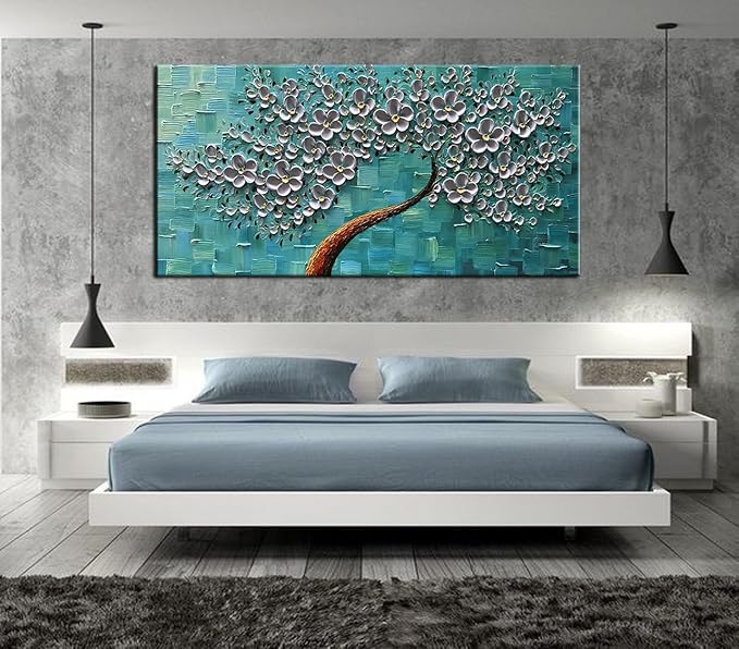 YaSheng Art - 100% hand painted Flower Art Oil Painting On Canvas Texture Silver Flowers Tree Paintings Modern Home Bedroom, Dining Room, Decor Wall Art 3D Abstract Artwork Paintings 20x40inch