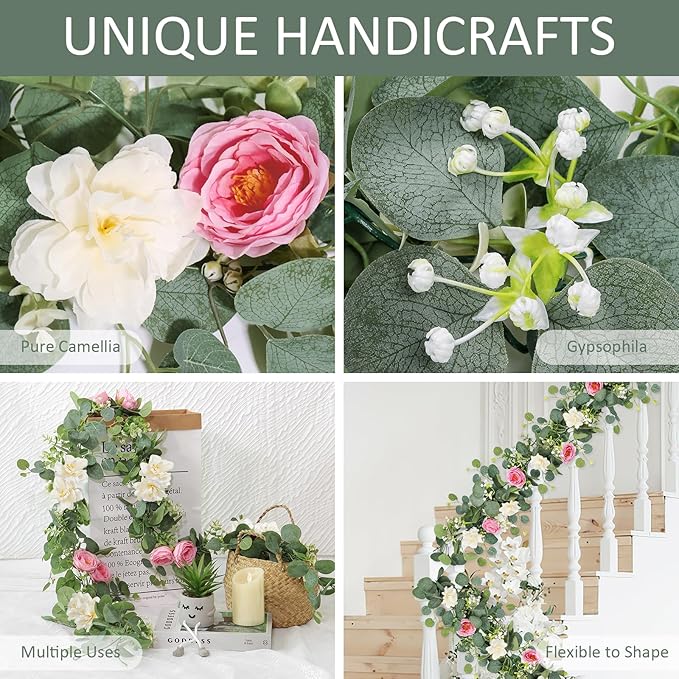 TOCHGREEN 2 Pack 13Ft Artificial Eucalyptus Flower Garland with Pink Roses White Flowers, Fake Rose Flower Greenery Garland Floral Vines for Wedding Home Party Table Runner Decor (White Pink, 2PCS)