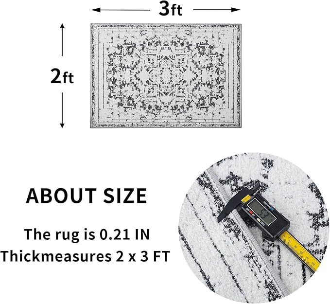 Vintage Runner Rug Non Slip for Hallway Bathroom Kitchen 2x3 ft, Ultra Soft Boho Carpet Runner with Low Pile Design Machine Washable Runner Rugs for Entryway Laundry Living Room (Black)