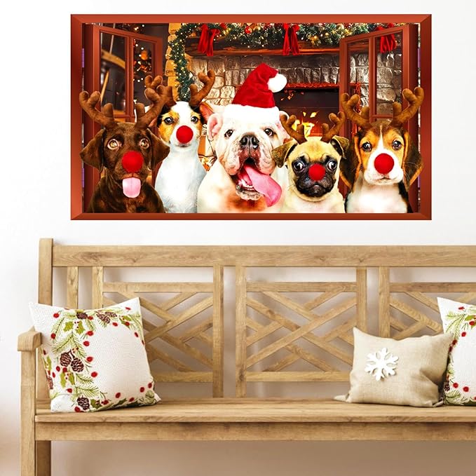 Christmas Dog Wall Decor 3D Xmas Fake Window Wall Decals Mural Merry Christmas Puppy Dog Wall Stickers Winter Holiday Faux Window Decal Party Decorations Cute Funny Dogs Decals Party Supplies