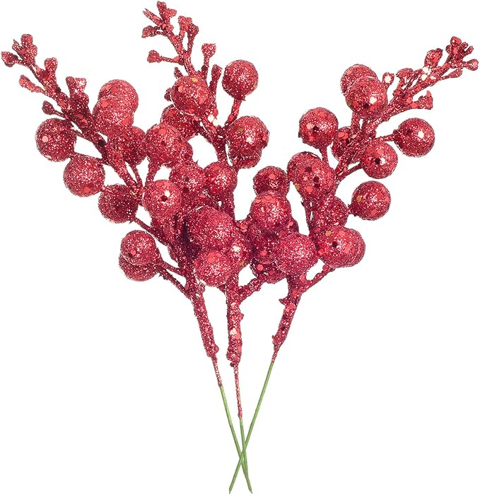 Lvydec 16pcs Christmas Glitter Berries Stems Clearance, 7.8" Artificial Christmas Picks for Christmas Tree Ornaments, DIY Xmas Wreath, Crafts, Holiday and Home Decor (Red)