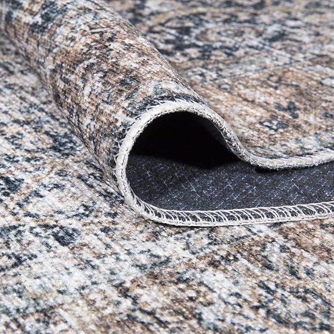 Bloom Rugs Caria Washable Non-Slip 12 ft Runner - Dark Blue/Tan Traditional Runner for Entryway, Hallway, Bathroom, and Kitchen - Exact Size: 2'6" x 12'