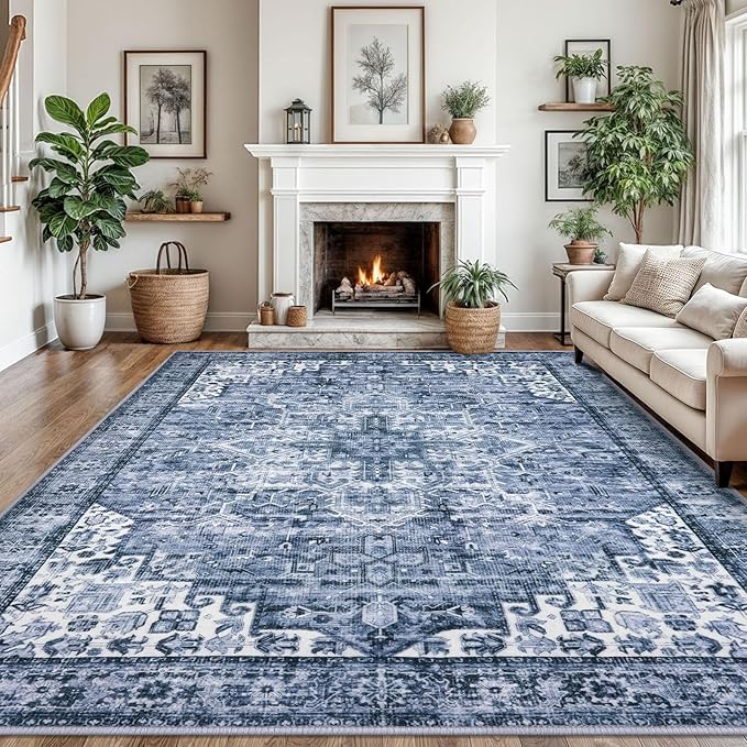 9x12 Oriental Area Rug Blue, Vintage Floral Large Washable Printed Rug for Living Room Non-Slip Ultra Soft Bedroom Rug Tribal Traditional Farmhouse Carpet for Dining Room Office Home Décor
