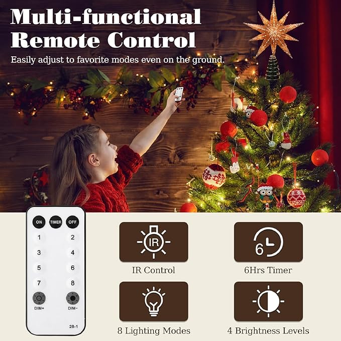 Lewondr Christmas Tree Topper Star, 13inch 10-Point Light Up Xmas Star Treetop with Plug and Remote Control for Home Christmas Decoration, 6H Timer & 8 Lighting Modes, Warm Light, Rose Gold