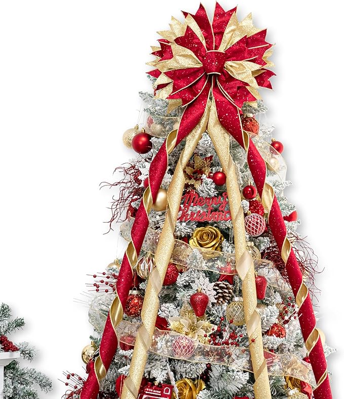 Christmas Tree Topper Bow, 53x13 Inches Large Christmas Bow with Glitter Streamer, Decorative Ribbon Bows for Xmas Tree Wreath Door Festival Home Decor(Red & Gold)